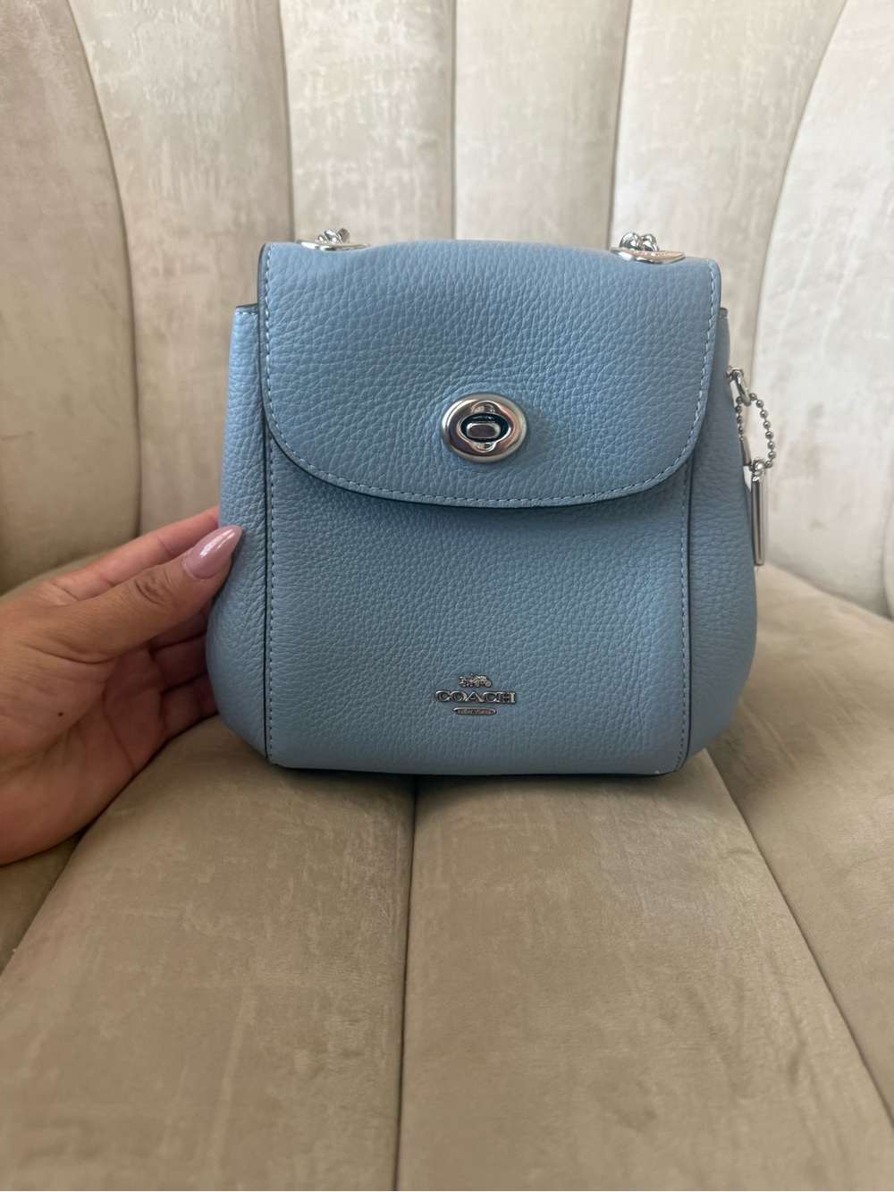 Mini Coach Pebbled Leather Turnlock Crossbody Bag in Light Blue